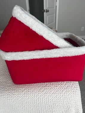 Christmas Red Plush Storage Baskets with White Faux Fur Trim and Gold Accent.